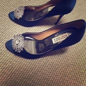 Navy blue satin jeweled Badgley Mischka sandals
